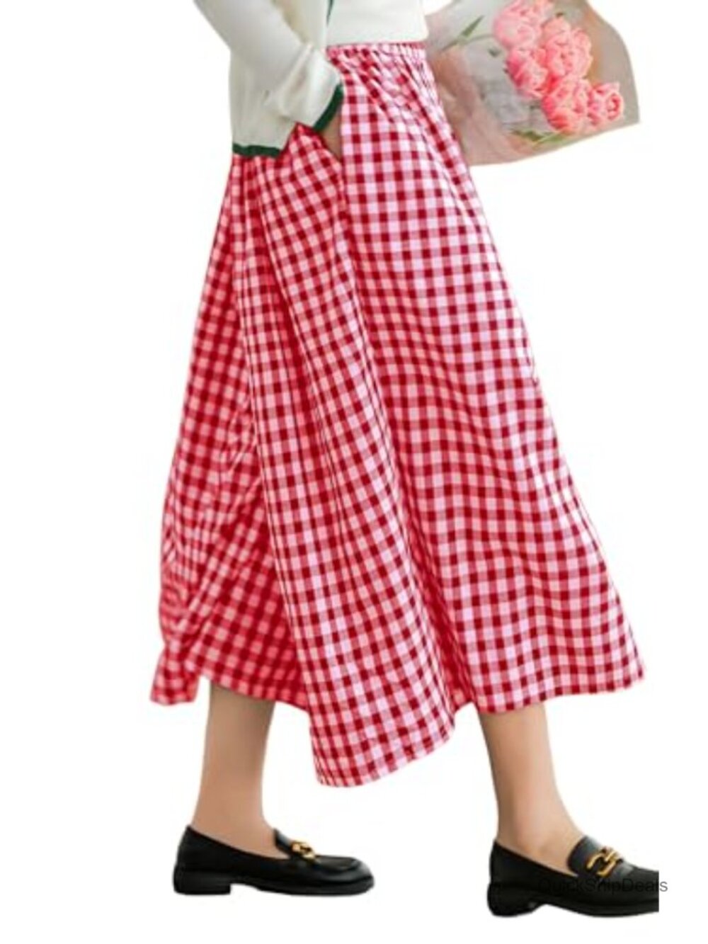 Gingham Culottes Wide Leg Palazzo Pants Elastic Waist Cotton with Pockets